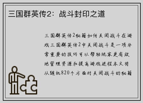 三国群英传2：战斗封印之道